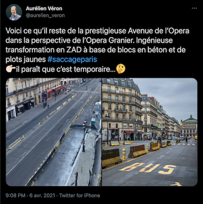 Copie d'écran, Twitter de Aurélien Véron, Conseiller de Paris, groupe Changer Paris (Les Républicains et Indépendants)