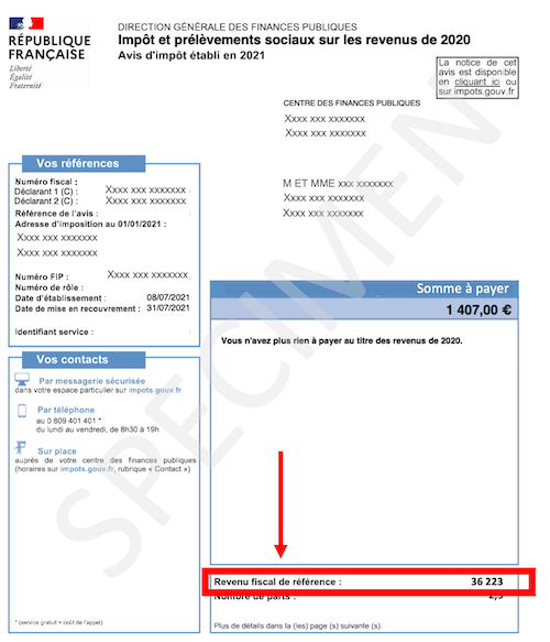 Où trouver son revenu fiscal de référence ? Exemple sur un avis d'imposition